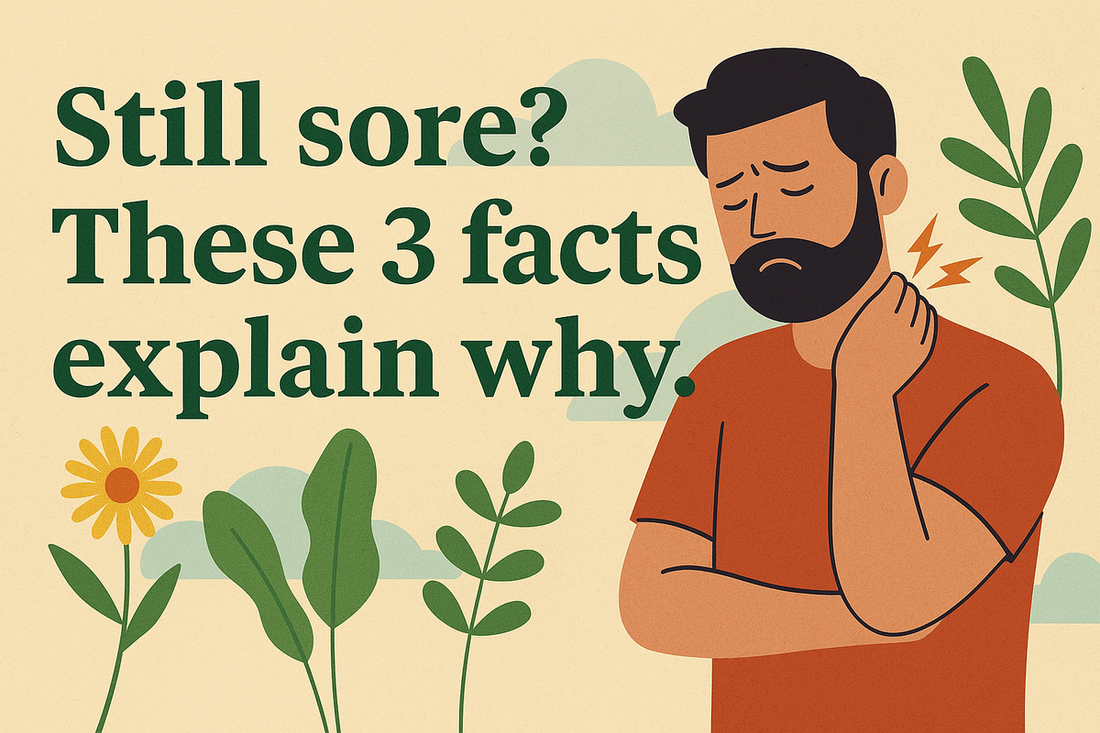 Illustrated email header with the text “Still sore? These 3 facts explain why,” featuring a man holding his side in discomfort, surrounded by soft botanical elements and warm earthy tones—representing natural pain and inflammation relief.
